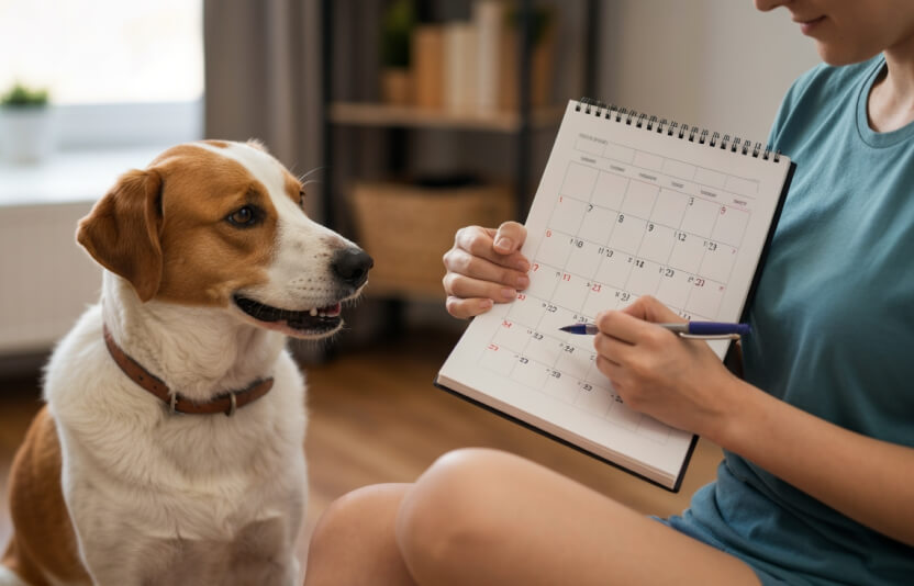 клиент стоит рядом с собакой и что-то отмечает в календаре
